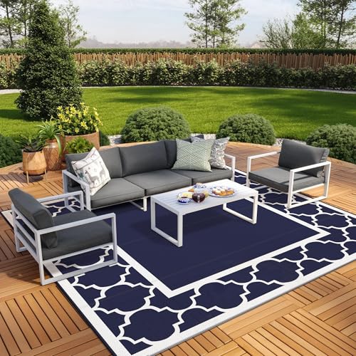 GENIMO 10 ' x 10 ' Outdoor Rug Waterproof for Patio Decor, Foldable Reversible Plastic Straw Area Rugs Mat for Camper, Outside Carpet for Rv, Deck, Porch, Picnic, Beach, Balcony, Blue & White