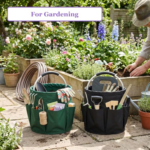 Image of 2PCS Cleaning Caddy, 17L Collapsible Cleaning Supply Caddy with Handle, Foldable Tool Bucket Organizer with Outer Pockets, Storage Basket for Travel, Housekeeping, RV, Green + Black