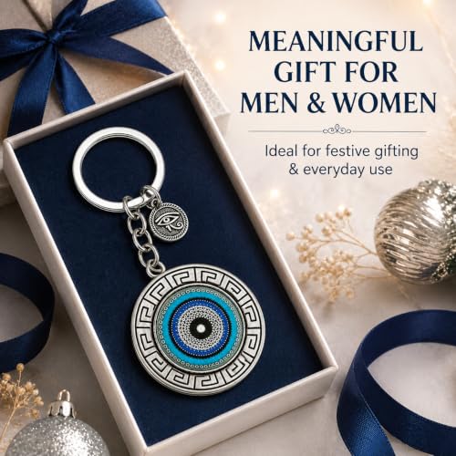 Image of Evil Eye Keychain, Blue Nazar Talisman with Eye of Horus Charm, Greek Key Border, Antique Finish, Metal Key Ring