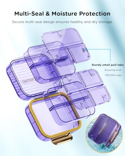 Pilulier de voyage résistant à l'humidité, 7 compartiments étanches Acedada violet