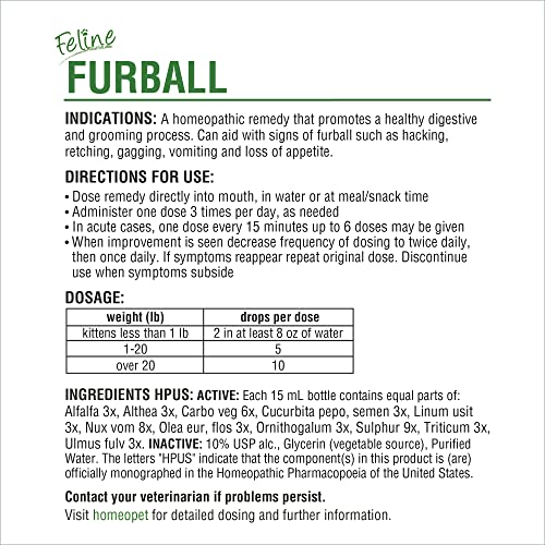 image for HomeoPet Feline Furball, Safe and Natural Hairball Medicine for Cats, 