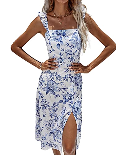 SOLY HUX Women Summer Floral Square Neck Ruffle Slit Corset Fitted Midi Dress S