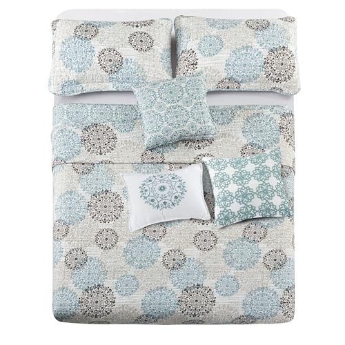 Home Soft Things BNFPMQ6QMMD 6 Piece Marina Medallion Printed Microfiber Quilts Coverlet Set Queen 90 Inch X 90" cover