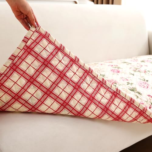 Image of HOKIPO 'HomeHues Series' Printed Quilted Sofa Seat Mat for 2 Seater Sofa with 2 Armrest Covers with Pockets, Beige Peonies (IN-807-D3 + IN-814-D3*2)