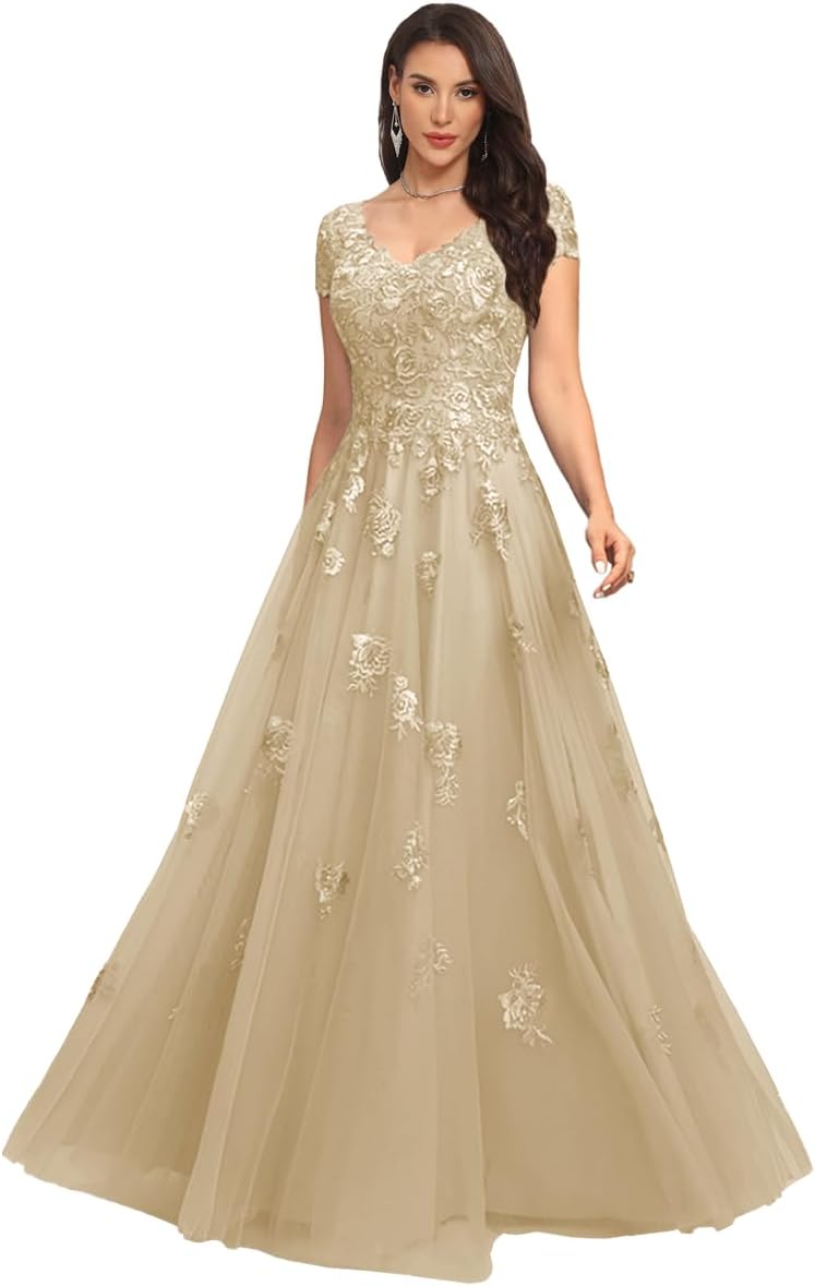 Mother of The Bride Dresses Sleeve Laces Applique V Neck Evening Gowns Cap Sleeves Grandmother of The Groom Dress