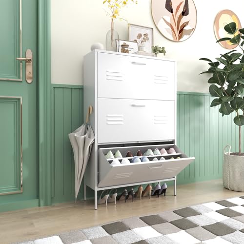 VIYET Zapatero de metal con 3 cajones abatibles, gabinete de almacenamiento de zapatos para entrada, pasillo, sala de estar, baño, balcón, armario organizador de zapatos moderno oculto, requiere