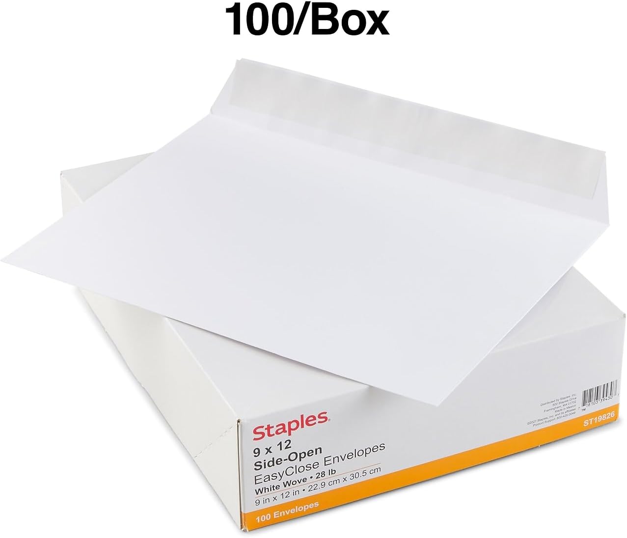 Staples EasyClose Booklet Envelopes, 9" × 12", Side‑Opening, White Wove Paper, Self‑Seal Closure, 100/Box