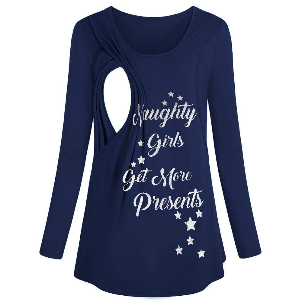 T-shirt dla kobiet w ciąży dla karmienia piersią ubrania dla kobiet w ciąży z nadrukiem odzież ciążowa list Boże Narodzenie długie rękawy karmienie piersią bluzka do karmienia dla kobiet kobiet topy ciążowe, Ciemnoniebieski, L