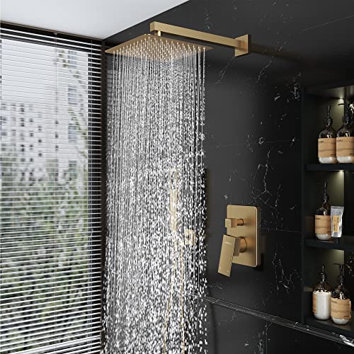 Gabrylly Shower System With 12" Rainfall Showerhead And Handheld Showerhead - Modern Brushed Gold Bathroom Fixtures - Complete Shower Faucet Set With Valve And Diverter - Easy To Install #TOP2