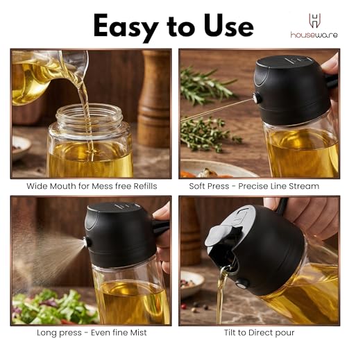 Image of H Houseware 2-in-1 Oil Dispenser Bottle and Sprayer | 520ml Kitchen Oil Spray Pump With Pour Spout Glass Bottle | Refillable Leakproof Cooking Sprayer for Healthy Cooking and Salad Making