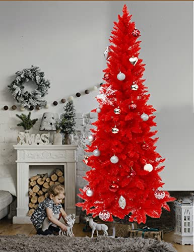 Wabolay 7Ft Artificial Pencil Slim Orange Red Christmas Tree Unlit-Tall Skinny Hinged Full Real Halloween Xmas Tree With 950 Branch Tips-Foldable Metal Stand-Easy Setup-Holiday Outdoor Indoor Decor #TOP1