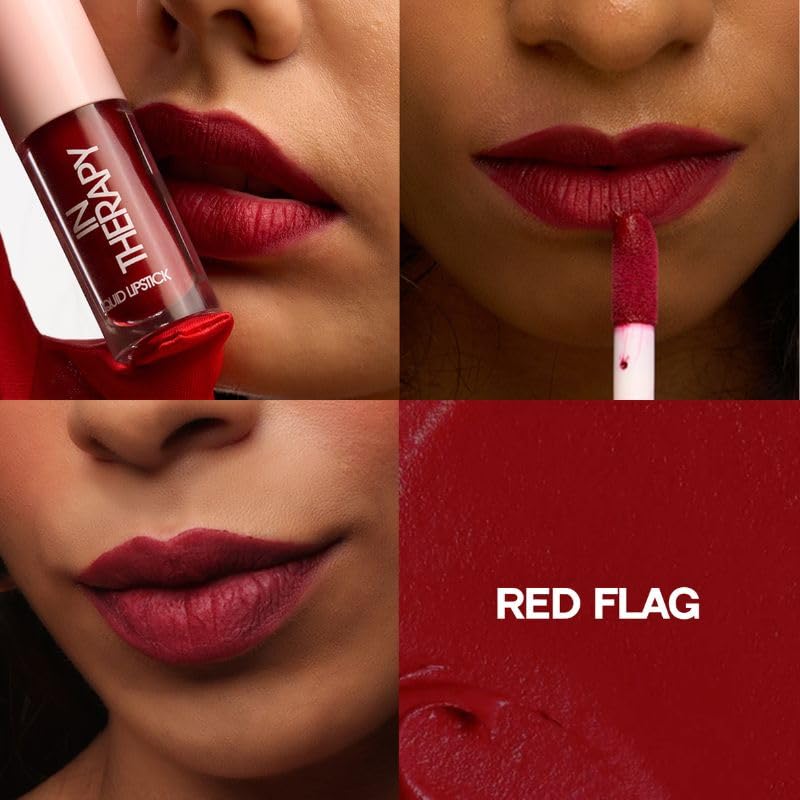Image of Flossy Cosmetics In Therapy Liquid Lipstick - Red Flag | Creamy, Lightweight, Non-Drying | Enriched with Hyaluronic Acid, & Jojoba Oil | Bold, Long-Lasting | Non-Sticky Formula | Smudge & Transfer-Proof | (4ml)