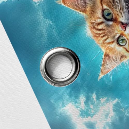 Image of Funny Cat Shower Curtain for Kids, Cute Kitten Riding Shark Ocean Theme Hilarious Cool Fun Grey Blue Wave Animal Nautical Whale Boys Bathroom Sets Decor Fabric Polyester Waterproof 12 Pack Hooks
