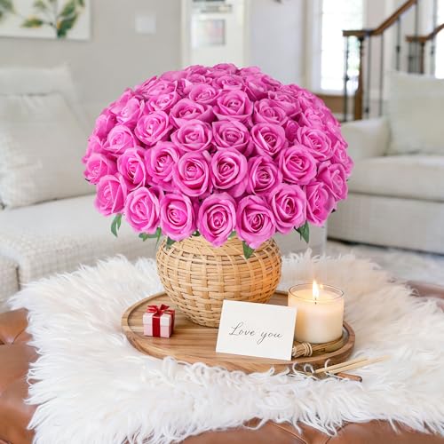 Image of HyeFlora 50 PCS Roses Artificial Flowers, Fake Roses with Stem Realistic Hot Pink Silk Rose for DIY Wedding Bouquets Table Centerpieces Arrangements Baby Shower Birthday Home Decor for Her