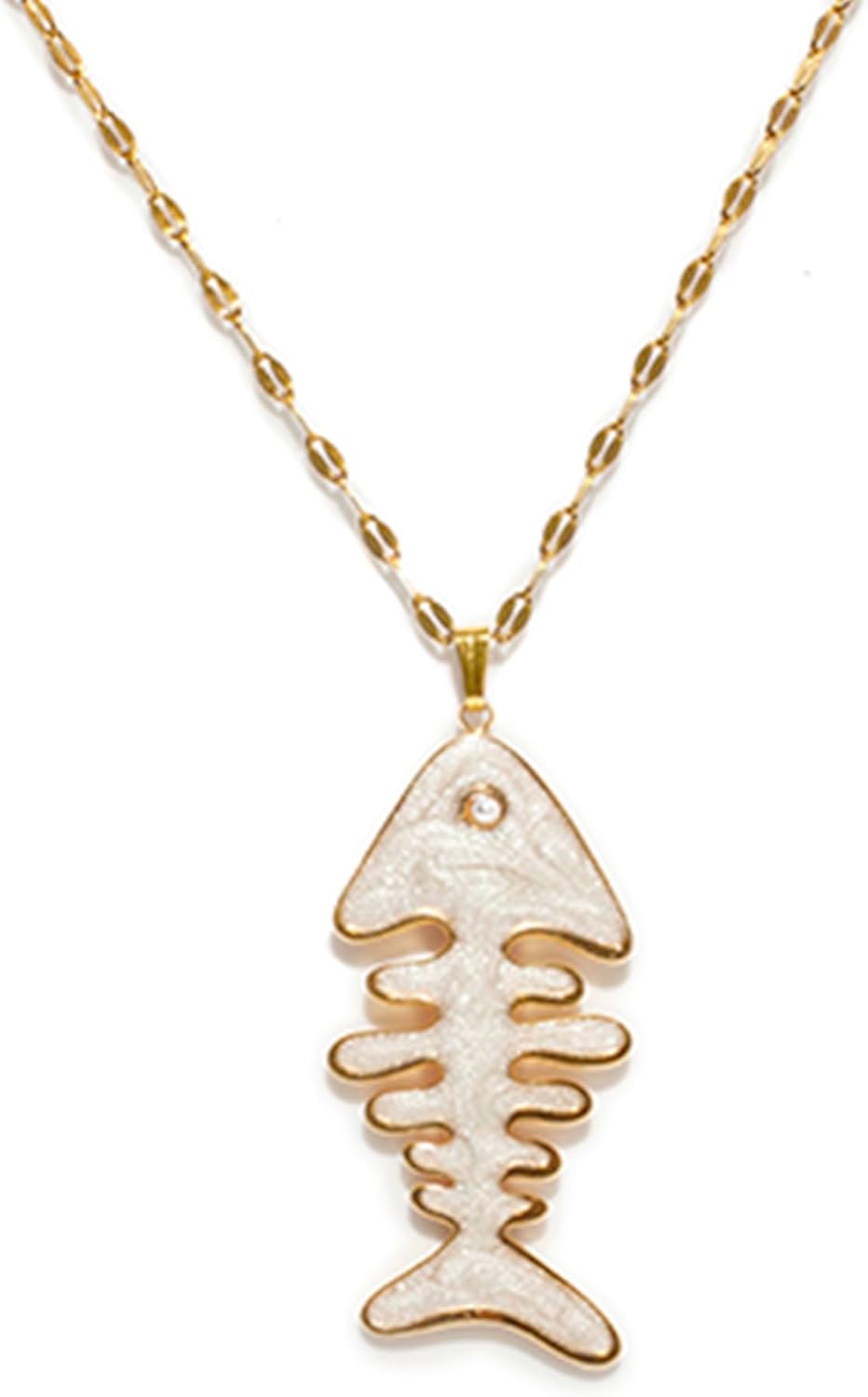 Women's Gold Plated Necklace of 18k Stainless Steel with Enamel Fish Bone Pendant & Pearl Accent 16" + 2" Adjustable Textured Chain Summer Beach Jewelry