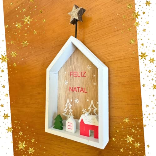 Enfeite de Natal de Apoiar Casinha de Madeira com Estrela Brilhante (Detalhe Casinha Vermelha)
