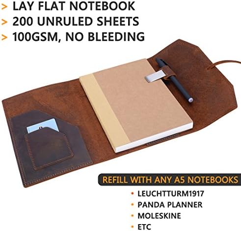 Refillable Leather Journal Writing Notebook - Lay Flat Blank Notepad 100 Sheets, Handmade Leather Bound Diary with Inner Pockets, Pen & Pen Holder, 100gsm Thick Paper, A5 Size