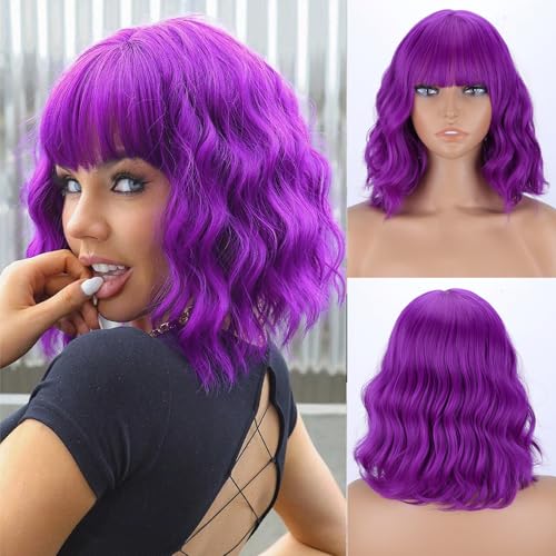 MISSQUEEN Short Dark Purple Wigs with Bangs,Women Wavy Purple Bob Hair Wigs