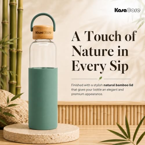 Image of Borosilicate Glass Water Bottle 500 ml | Leakproof Bamboo Lid & Silicone Sleeve | BPA Free Reusable Drinking Bottle for Office, Gym, Travel & Daily Use (Green)