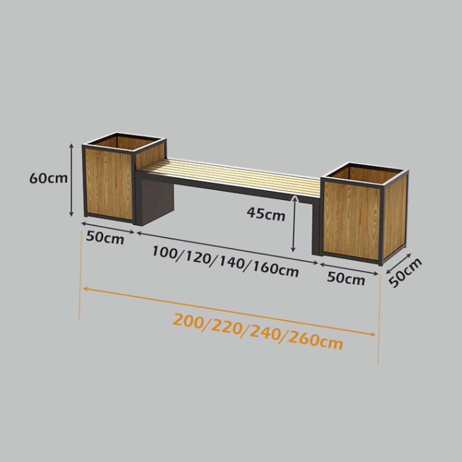 Outdoor Park Planter Bench Outdoor Flower Box Sitting Chair Combination Commercial Square Planter with Seat Wooden Leisure Bench Park Flower Box Bench(L260*D50*H60cm)