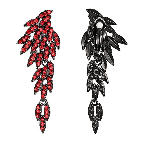 Brilove Clip-On Dangle Earrings Wedding Bridal Angel Wings Rhinestone Dangling Chandelier Long Drop For Women Party Prom Ruby Color Black-Tone #TOP4