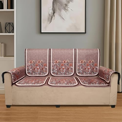 Image of Velvet Single Seater Sofa Cover with 2 Seat and Back Covers, 2 Hand Rest Covers - Floral Design - Washable Fabric - Stylish Sofa Cover for Modern Living Room (Brown, 1 Seater With Arm Cover)