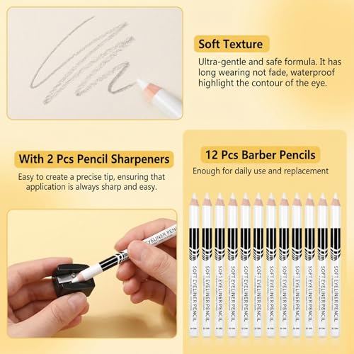LXUEJIE 12Pcs White Barber Pencil Set, Barber Pencil with 2 Sharpener, Hairline Pencils for Lineup Beard Shaping Beard Guide, Hair Pencils for Men Beards Hair Makeup Design for Men