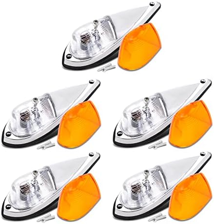 GUWA 7.8 Inch Clear Lens Amber Torpedo Cab Marker Roof Running Top Lights T10 Halogen Chrome Bezel Removable Amber Cover Trailer Heavy Duty Truck Pickup Tractor 12V DC Pack of 5