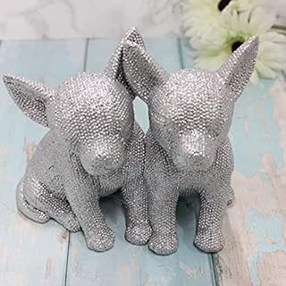Two Chihuahuas silver glitter diamante ornament figure decoration Dog lover gift