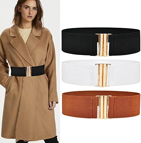 DUOXIN 3 Pieces Wide Stretchy Belts for Women, Vintage Elastic Waist Belts Fashion Cinch Waistband Belts Dress Belt Corset Belt with Interlock Buckle (Black/Brown/White)