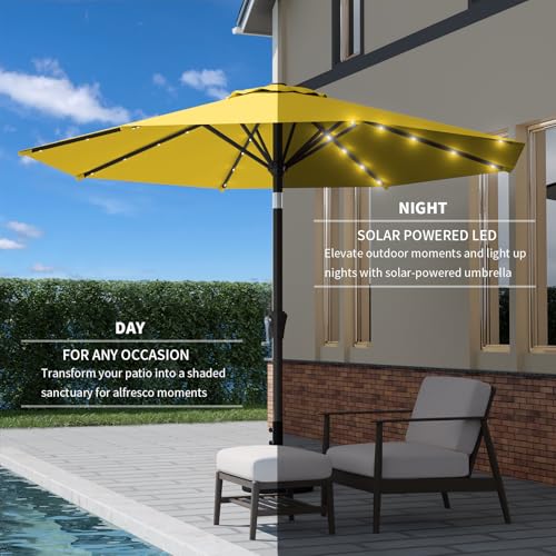 Image of 9FT Patio Umbrella with Solar Lights,Outdoor Market Umbrella with Tilt and Crank, LED Lighted Table Umbrella for Garden,Deck,Backyard,Pool,Beach (Yellow)