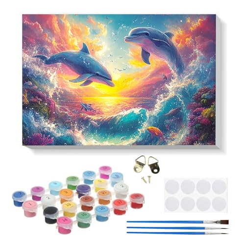 RICUVED Delfin Malen nach Zahlen Erwachsene Kinder, Tiere Malen nach Zahlen DIY Handgemalt Ölgemälde Kit Paint by Numbers Adult mit Rahmen 3 - Pinseln und Acrylfarbe Kit 20x30cm
