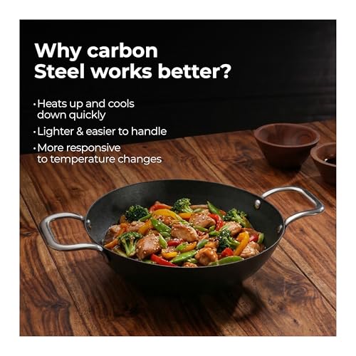 Image of Lifelong Carbon Steel (Iron) Kadhai 20cm | High Heat Stir Fry & Bhuna Kadhai with Stainless Steel Handle | Naturally Seasoned Non-Stick Surface | Induction & Gas Compatible | Lightweight Build