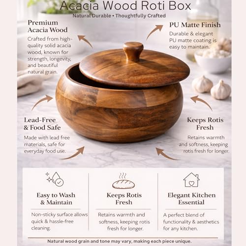 Image of Acacia Wood Roti & Casserole Box (Size: 9 Inch Diameter) | Food-Grade Wooden Bread Storage Container for Roti, Chapati & Breads