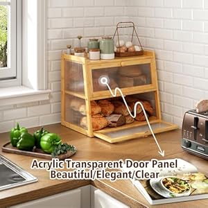 Bread Box for Kitchen Countertop Double Layer Bamboo Bread Box for Kitchen Counter Bread Storage Container with Acrylic Wavy Door Panel 2 Layer Breadbox Holder Natural