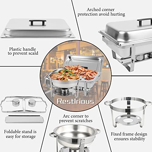 Restlrious Chafing Dish Buffet Set 6 Pack, Stainless Steel 5 Qt Round & 8 Qt Rectangular Foldable Chafers And Buffet Warmers Set, W/Full Size Food Pan, Water Pan, Fuel Holder & Lid For Catering Event #TOP3