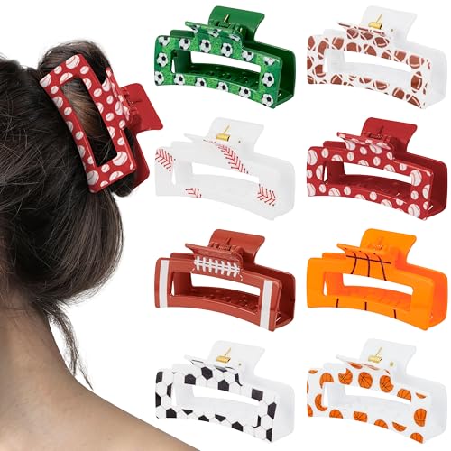 PANTIDE 8Pcs Sports Ball Hair Claw Clips for Women Girls - Football Basketball Soccer Baseball Rectangle Nonslip Hair Clips, Thin Thick Short Long Curly Hair Accessories, School Party Birthday Gift