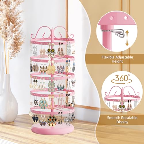 Image of MODOWEY 5 Tiers Metal Rotating Earring Holder Organizer Stand Adjustable Display Tree, 220 Holes Large Carousel Rack for Stud Hoop Pierced Dangling Women, Ideal View for Earrings, Light pink