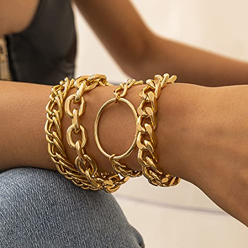 Chargances Punk Chunky Chain Bracelet Set for Women Fashion Layered Circle Link Bangle Bracelet for Women Girls Gift (Gold)