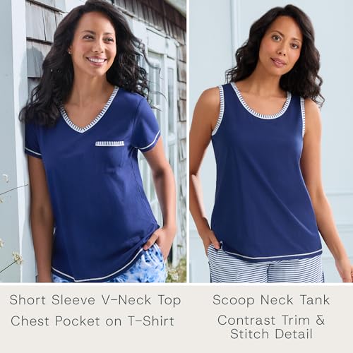 Image of Carole Hochman Women's 4-Piece 100% Cotton Pajama Set - V-Neck T-Shirt, Tank, Capri Pants & Shorts with Drawstring & Pockets