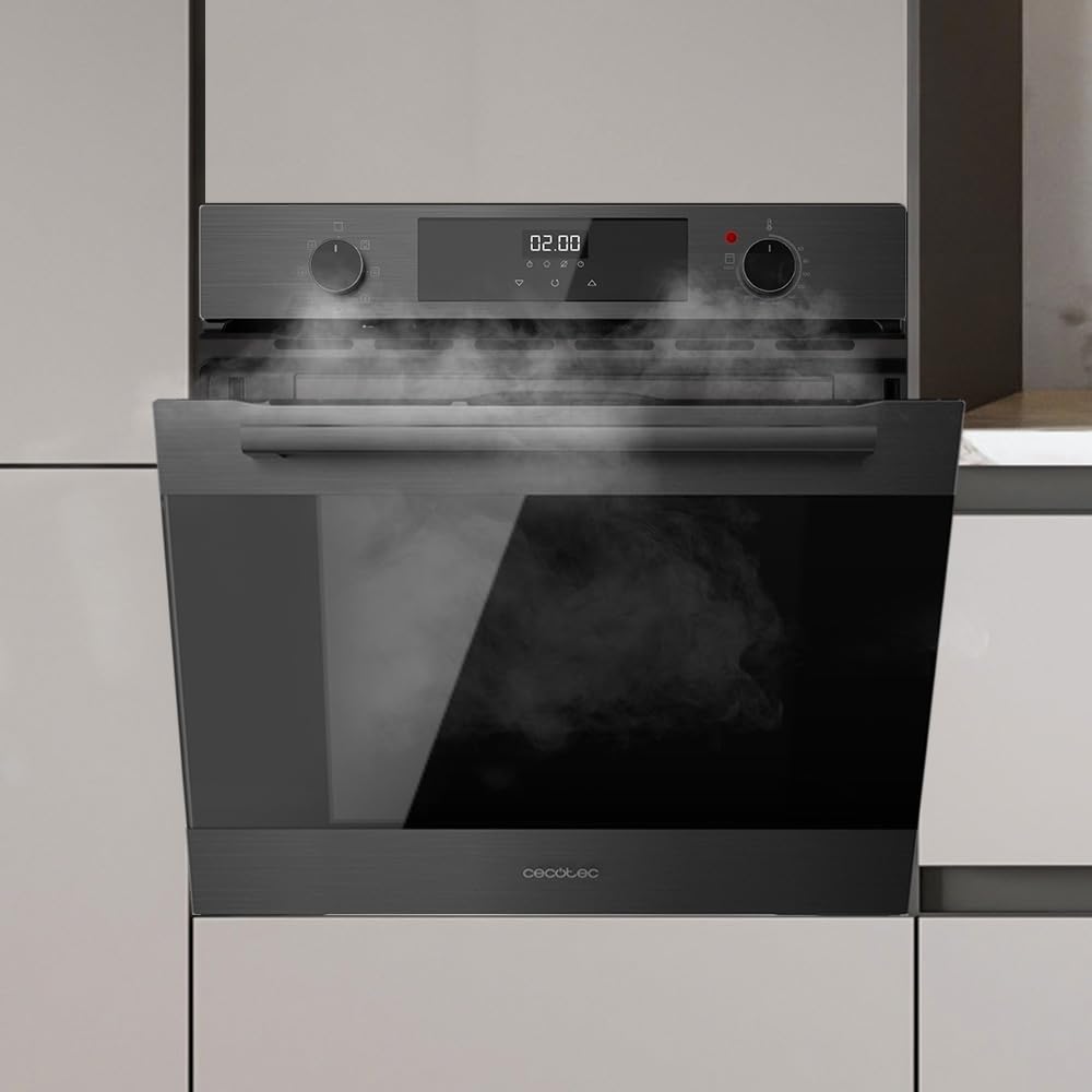 Lato view del forno da incasso Cecotec con dimensioni: 59.5 cm di altezza, 59.2 cm di larghezza, 52 cm di profondità.