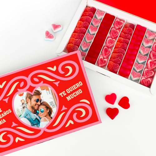 Transparent Gift Caja de Chuches Corazón Personalizada con Foto y Textos. Regalos Originales para Mujer y Hombre. Regalos Personalizados para Parejas en San Valentín y Aniversario. Cajas de Dulces
