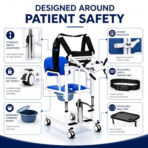 Image of Hydraulic Patient Lift,Transfer wheel chair for Seniors Elders with Height Adjustable 150kg Capacity Portable Shower Chair -Rolling Wheels, Removable Bucket, Fits Indian,Western Toilets