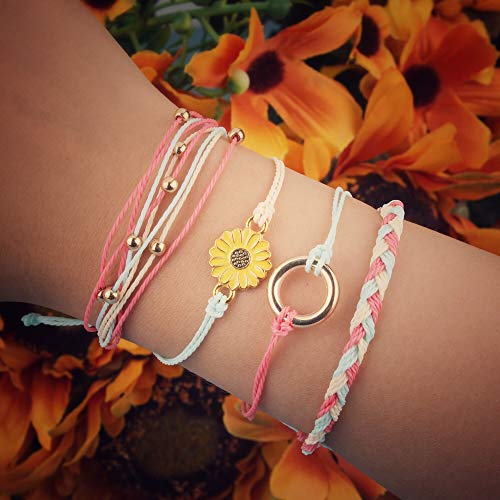 Image of Stackable Sunflower String Bracelets Cute Boho Braided Summer Beach Jewelry