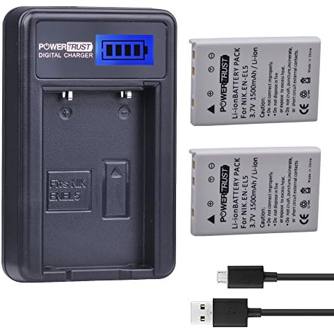 PowerTrust 2 Pack EN-EL5 Camera Battery and LCD USB Charger for Nikon Coolpix P530 P520 P510 P100 P500 P6000 P5100 P5000 P80 P90 Cover