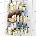 Menbyci 3 Pack Corner Shower Caddy, Adhesive Bathroom Shelves with 18 Hooks, Drill-Free & Quick-Dry Shower Organizer with Large Capacity, Rustproof Stainless Steel Bathroom Corner Storage Rack, Gold