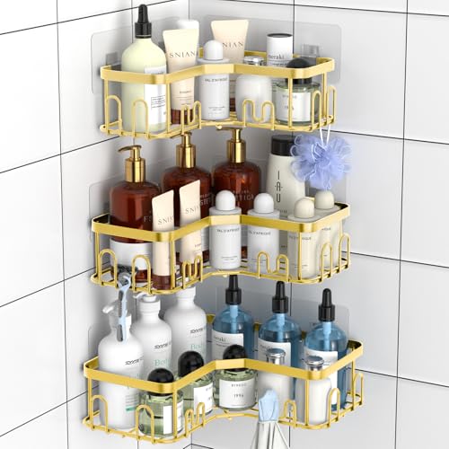 Menbyci 3 Pack Corner Shower Caddy, Corner Shower Shelf with 18 Hooks, Stainless Steel Adhesive Shower Organizer Corner Shelves for Bathroom Storage, Gold Shower Caddies