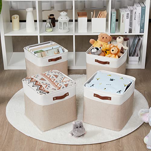 Hnzige Fabric Baskets Storage Cubes Baskets Set(4 Pack) Large Cube Baskets For Shelves,13X13X13 Storage Cube Bins For Storage With Leather Handles For Home, Toys, Clothes, Kids Room, Closet Storage(White&Beige) #TOP3