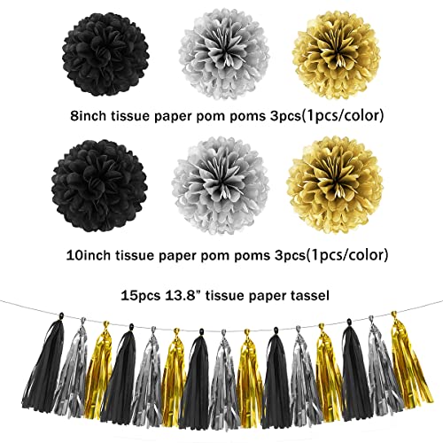 Image of Silver Black Gold Party Decorations - 23pcs Tissue Paper Flowers Pom Poms Tassel Garland Pennant Banner Flags Streamers Birthday New Years Eve Retirement Graduation Classroom Hanging Decor Supplies