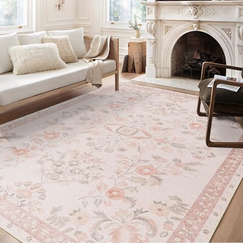 MUJOO 8x10 Area Rugs Washable Floral Rug Non Slip Ultra-Thin Large